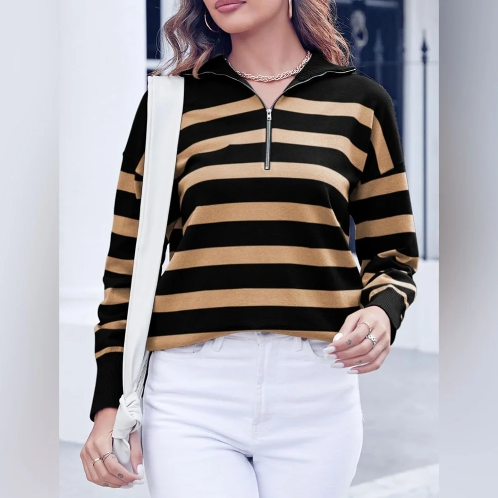 NWOT Women’s Long Sleeve Lightweight Khaki  & Black Striped Half Zip Sweat… - Picture 7 of 8